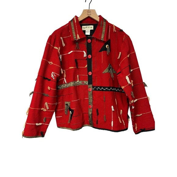90s Orvis Cotton Tapestry Funky Artsy Jacket Red Tribal Button Up Women’s Large - Picture 4 of 15